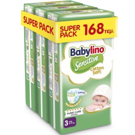 BABYLINO Sensitive Cotton Soft No3 4-9 Kg Super Pack, Πάνες με Απαλό Κάλυμμα με Βαμβάκι - 168τεμ (3X56)