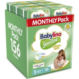 BABYLINO Sensitive Cotton Soft, Newborn No1 2-5 Kg Monthly Pack, Βρεφικές Πάνες με Απαλό Κάλυμμα με Βαμβάκι - 156τεμ