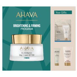 AHAVA Brightening & Firming Program, MultiVitamin Day Cream SPF30 - 50ml & Purifying Mud Mask - 8ml & Refining Mud Exfoliator - 15ml & Dermud Hand Cream - 40ml