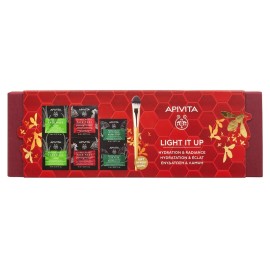 APIVITA Light It Up, Express Μάσκες Προσώπου Αλόη - 2x8ml & Ρόδι - 2x8ml, Μάσκα Ματιών Ginkgo Biloba 2x2ml + ΔΩΡΟ Πινέλο Εφαρμογής Μάσκας Προσώπου