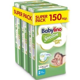 BABYLINO Sensitive Cotton Soft No2 3-6 Kg Super Pack, Πάνες με Απαλό Κάλυμμα με Βαμβάκι - 150τεμ (3x50)