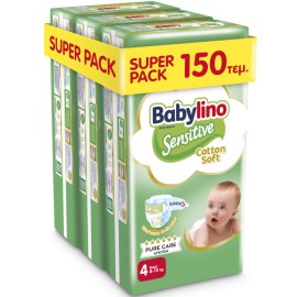 BABYLINO Sensitive Cotton Soft No4 8-13 Kg Super Pack, Πάνες με Απαλό Κάλυμμα με Βαμβάκι - 150τεμ (3x50)