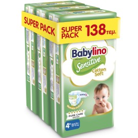 BABYLINO Sensitive Cotton Soft No4+ 10-15 Kg Super Pack, Πάνες με Απαλό Κάλυμμα με Βαμβάκι - 138τεμ (3x46)