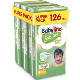 BABYLINO Sensitive Cotton Soft No5+ 12-17 Kg Super Pack, Πάνες με Απαλό Κάλυμμα με Βαμβάκι - 126τεμ (3x42)