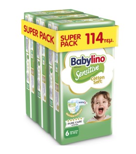 BABYLINO Sensitive Cotton Soft No6 13-18 Kg Super Pack, Πάνες με Απαλό Κάλυμμα με Βαμβάκι - 114τεμ (3x38)